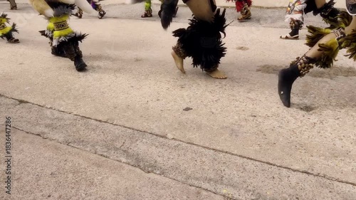 Celebratory group wearing bright attire performs synchronized steps lively