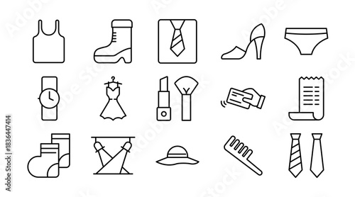 Fashion Line Icon Set. Clothing, apparel, shoes, accessories, hats, bags, jewelry, dresses, style, trendy, outfit, seasonal, boutique, garment icons vector illustration. Pixel-perfect stroke
