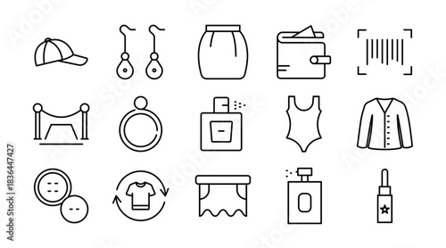 Fashion Line Icon Set. Clothing, apparel, shoes, accessories, hats, bags, jewelry, dresses, style, trendy, outfit, seasonal, boutique, garment icons vector illustration. Pixel-perfect stroke