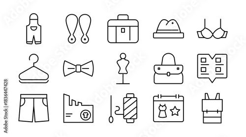 Fashion Line Icon Set. Clothing, apparel, shoes, accessories, hats, bags, jewelry, dresses, style, trendy, outfit, seasonal, boutique, garment icons vector illustration. Pixel-perfect stroke