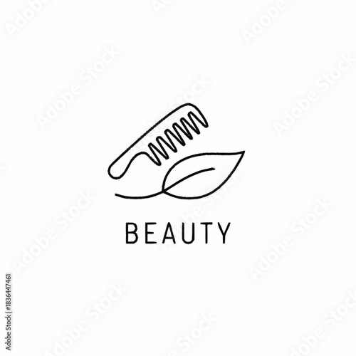 Minimalist beauty logo featuring a comb and leaf representing natural care.