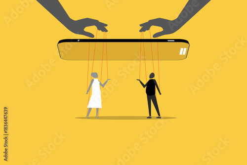 Controlling business people with strings from a giant hand manipulating their moves