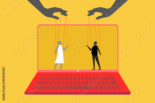 Controlling business people with strings from a giant hand manipulating their moves