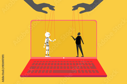 Controlling businessman and Artificial Intelligence with strings from a giant hand manipulating their moves