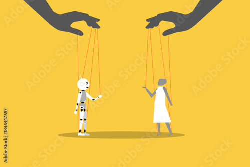 Controlling business woman and Artificial Intelligence with strings from a giant hand manipulating their moves