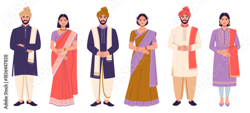 A diverse group of individuals dressed in traditional Indian attire showcases the rich cultural heritage, unity, and vibrant fashion reflected through their attire and expressions.