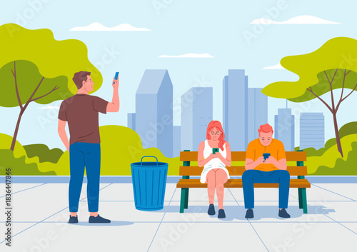 Three individuals are absorbed in their smartphones while sitting on a park bench, showcasing modern urban life and the impact of technology on social interaction.