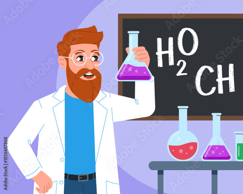 An engaging illustration of a scientist examining a colorful chemical mixture in a flask, emphasizing curiosity and innovation in the field of science and research.