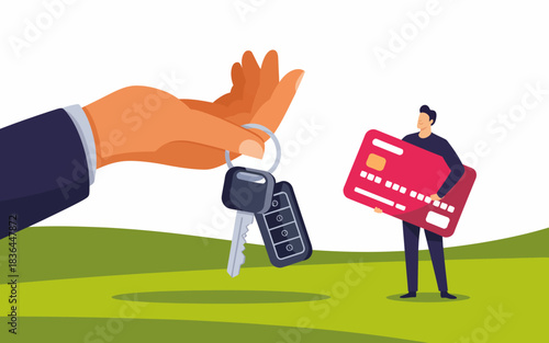 A businessman holding a set of keys while presenting a credit card, symbolizing financial transactions, security, and the important relationship between ownership and commerce.