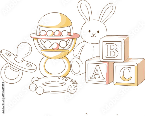 Cute baby toys collection with bunny and blocks
