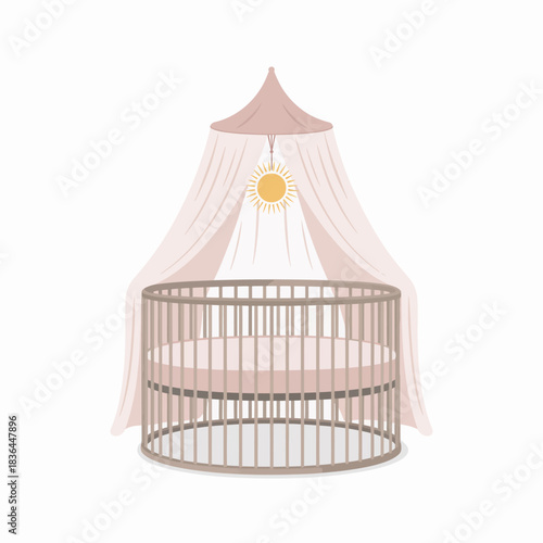 An adorable minimalist baby crib adorned with a charming sun canopy, representing serenity, comfort, and love in a nurturing environment for newborns in modern nurseries.