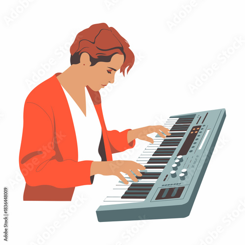 An artist intently playing an electronic keyboard, showcasing creativity and dedication, illustrating the joy of music as a profound form of self-expression and entertainment.