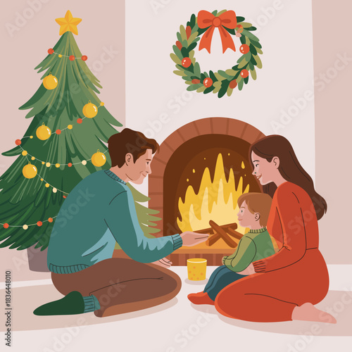 A heartwarming family scene featuring a joyful moment by the fireplace, capturing the essence of Christmas joy and togetherness with festive decorations around.