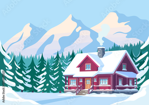 A picturesque winter cabin surrounded by snow and tall pine trees, set against majestic mountains, inviting warmth and tranquility in a serene winter wonderland.