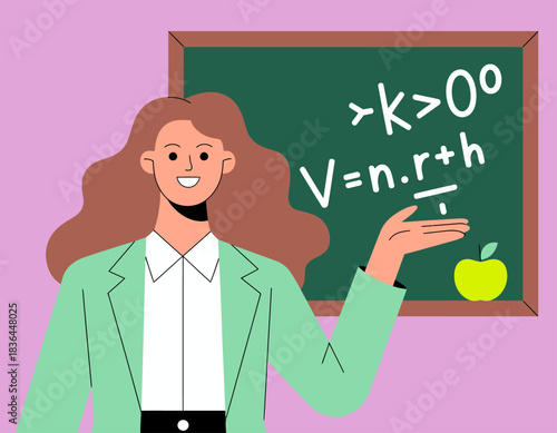 A cheerful teacher presenting complex equations on a chalkboard in a vibrant classroom, emphasis on education and learning.