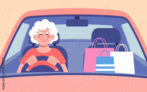 A joyful older woman drives happily with shopping bags in her car, capturing the essence of independence, fun, and the simple pleasures of life in one's golden years.