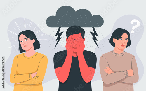 This illustration shows a group of people expressing various emotions, highlighting feelings of confusion, anxiety, and contemplation in a visually engaging way.