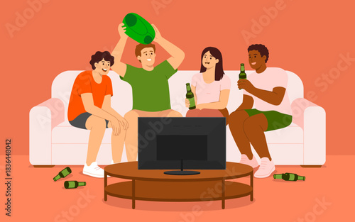 A lively scene of friends gathered on a couch, enjoying drinks and watching a show, embodying fun and camaraderie in a relaxed and joyful setting.