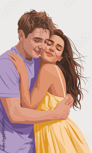 A joyful couple embracing in a heartfelt hug, capturing the essence of love, intimacy, and connection shared between two people, evoking warmth and happiness.