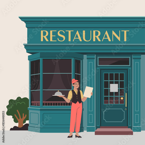 A charming illustration of a restaurant's exterior featuring a welcoming staff member holding a menu, inviting guests to enjoy a delightful dining experience.