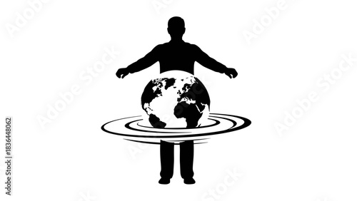 Human silhouette balancing globe with rings in a symbolic design  