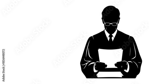 Judge reading documents with glasses in black and white style, copy space