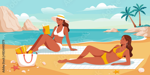 Two women lounging on a sunny beach, one reading a book and the other relaxing, embodying the essence of summer fun, relaxation, and friendship in a beautiful coastal setting.