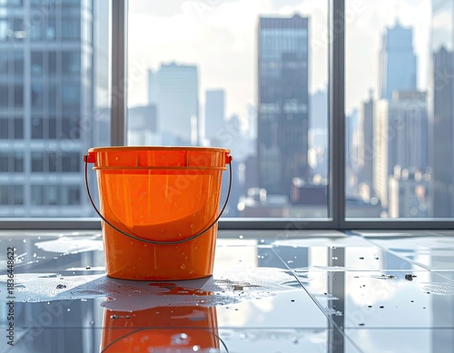 An orange bucket sits indoors by a window in a high-rise office building, with cityscape views