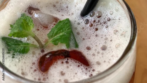cold iced tea in a rounded glass, topped with foam and fresh mint, with a black straw. Inviting and casual, perfect for summer cafe or lifestyle imagery