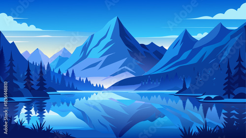 Majestic blue mountains rising softly beneath a tranquil sky, their silhouettes perfectly mirrored in the still, glass-like water below, creating a peaceful and dreamlike natural landscape