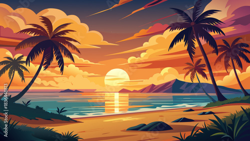 A stunning tropical beach at sunset with tall palm trees silhouetted against a vibrant sky. Warm golden reflections shimmer on calm ocean water, creating an idyllic screensaver-style paradise scene