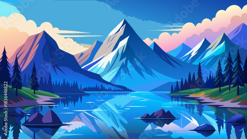 Peaceful mountain scenery featuring soft blue peaks reflected clearly in smooth, undisturbed water, forming a harmonious and calming nature backdrop perfect for relaxation themes