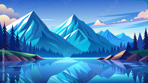 Peaceful mountain scenery featuring soft blue peaks reflected clearly in smooth, undisturbed water, forming a harmonious and calming nature backdrop perfect for relaxation themes