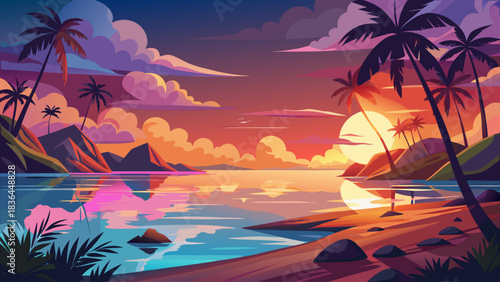 A picturesque tropical shoreline at dusk featuring palm trees and a radiant sunset sky mirrored on smooth ocean water. Serene, colorful, and perfect for a relaxing screensaver background