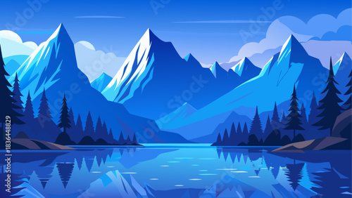 Majestic blue mountains rising softly beneath a tranquil sky, their silhouettes perfectly mirrored in the still, glass-like water below, creating a peaceful and dreamlike natural landscape