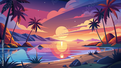 A picturesque tropical shoreline at dusk featuring palm trees and a radiant sunset sky mirrored on smooth ocean water. Serene, colorful, and perfect for a relaxing screensaver background
