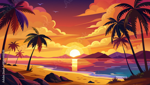 A stunning tropical beach at sunset with tall palm trees silhouetted against a vibrant sky. Warm golden reflections shimmer on calm ocean water, creating an idyllic screensaver-style paradise scene