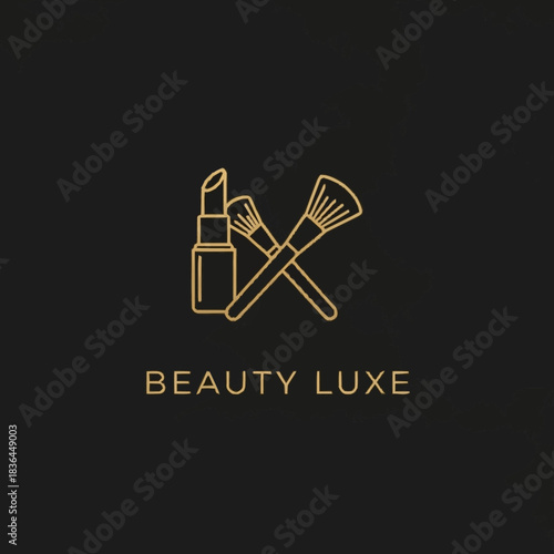 Elegant Gold Line Art Logo for Beauty Luxe with Lipstick and Makeup Brushes.