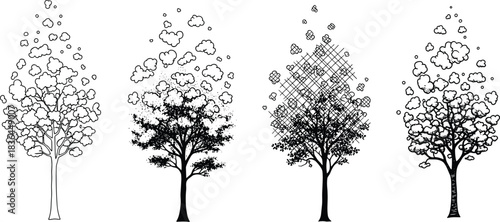 Artistic, stylized, tree, illustrations, featuring, abstract, foliage, scattered, leaves, textured, canopies, creative, botanical, designs, natural, forest, decorative, artwork