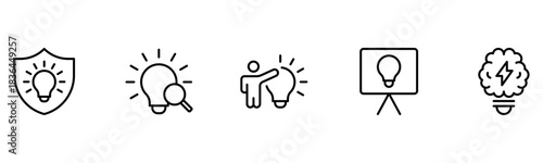 Light vector web line icons depicting light bulbs, ideas, innovation, creativity, and illumination for inspired thinking and solutions.