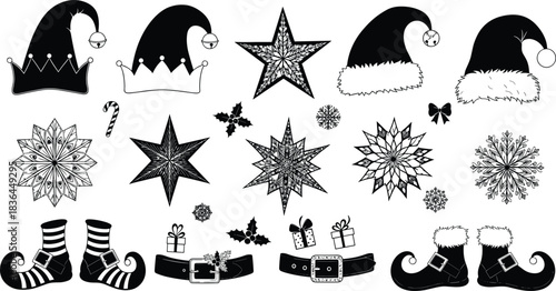 Christmas decorative vector set with elf hats, Santa hats, stars, snowflakes, gifts, holly, belts and festive holiday elements