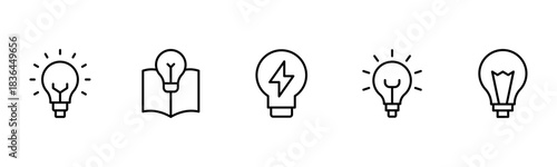 Light vector web line icons depicting light bulbs, ideas, innovation, creativity, and illumination for inspired thinking and solutions.