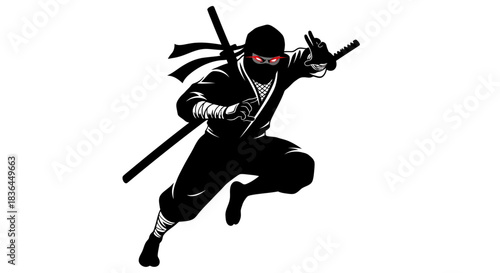 Stealthy Warrior: A determined ninja, silhouetted against a stark backdrop, strides confidently, ready for action. Capturing his agility and the essence of stealth