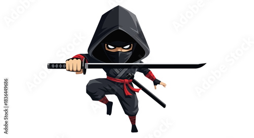 Ninja Assassin Poses with Sword: A fierce ninja, clad in black, strides confidently with a gleaming katana, embodying agility and covert expertise.