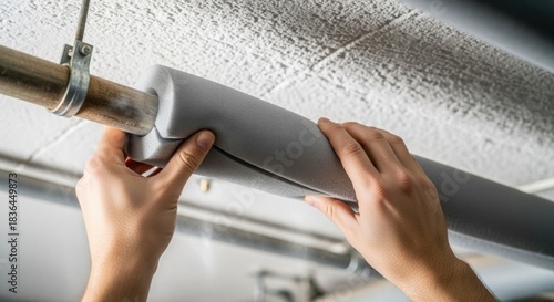 Hands smoothing foam pipe insulation along a hot water pipe running across a ceiling minimizing heat loss in plumbing infrastructure.