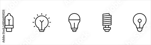 Light vector web line icons depicting light bulbs, ideas, innovation, creativity, and illumination for inspired thinking and solutions.