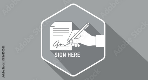 Sign here icon with hand signing a document on gray background