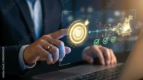 Businessman touching target goal with digital timeline showing achieved milestones.