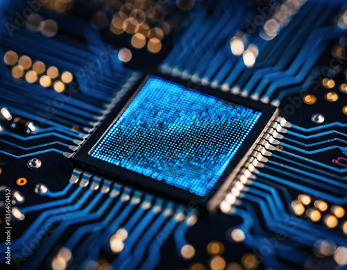 Macro view of glowing blue quantum microchip with superconductive pathways, illustrating ultra-fast data processing, artificial intelligence computation and next-generation semiconductor technology.