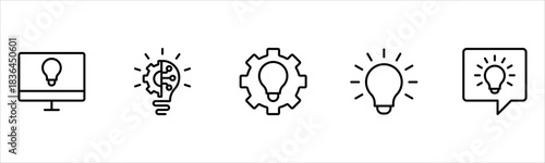 Light vector web line icons depicting light bulbs, ideas, innovation, creativity, and illumination for inspired thinking and solutions.